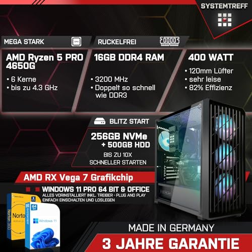 SYSTEMTREFF Basic Gaming PC AMD Ryzen 5 PRO 4650G 6x4.2GHz | AMD RX Vega 7 4K HDMI DX12 | 256GB M.2 NVMe + 500GB HDD | 16GB DDR4 RAM | WLAN Desktop Computer Rechner für Gamer, Zocker – Bild 3