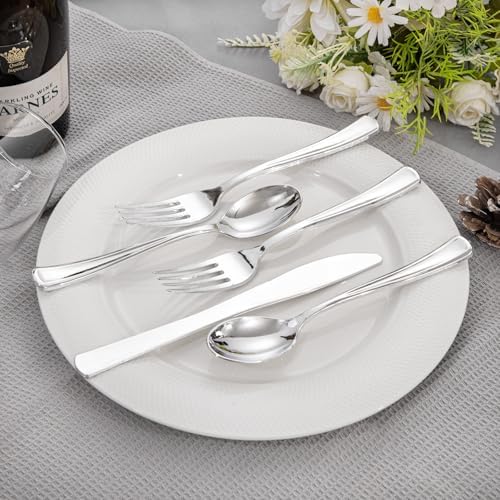 Liacere - 100-Piece Silver Plastic Silverware Set with Napkins