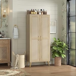 Storage Cabinet with Rattan Doors and Adjustable Shelves Bathroom Floor Cabinet 57.48" H Boho Kitchen Pantry for Farmhouse Living Room Entryway Natural Storage Cabinet with Rattan Doors and Adjustable Shelves Bathroom Floor Cabinet 5748 H Boho Kitchen Pantry for Farmhouse Living Room Entryway Natural