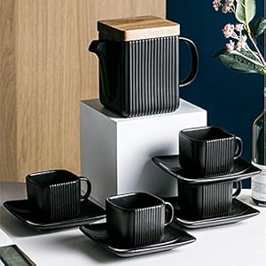 Square Tea Sets Black Porcelain Ceramic Teapot 21oz Coffee Serving Pot Tea Set with Stainless Steel Infuser Wood Lid for Flower Tea Coffee, Matte White Black (Black pot) Square Tea Sets Black Porcelain Ceramic Teapot 21oz Coffee Serving Pot Tea Set with Stainless Steel Infuser Wood Lid for Flower Tea Coffee Matte White Black Black pot