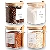 Set of 4 Square Glass Jar with Bamboo Lids and Spoons–Airtight 27 oz Borosilicate Glass Food Storage Contaienrs with 132 Kitchen Pantry Labels for Coffee Tea Sugar
