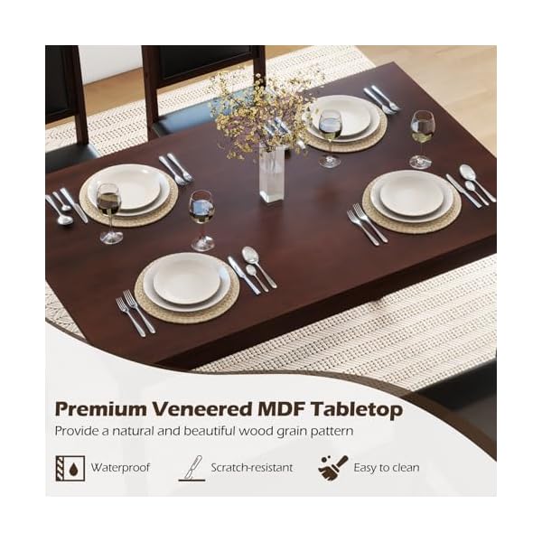   POWERSTONE-Farmhouse-Wood-Dining-Table-Set-for-4-Space-Saving-Kitchen-Table-4-Chairs-Paded-PU-Leather-Rectangular-5-Piece-Dining-Table-Set-4-Rubberwood-Legs-Chairs-for-Kitchen-Indoor-Dinner-Brown