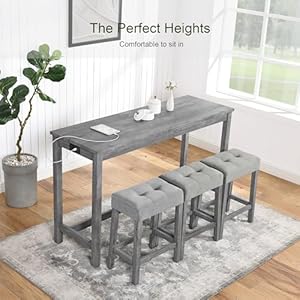 60 Industrial Grey Solid Wood Bar Table Set with Power Outlet and 3 Grey Chairs for Living Room Dining Room Game Room