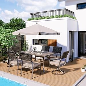 Pamapic 7 Piece Patio Dining Set for 6Outdoor Wicker Furniture Set for Backyard Garden Deck Poolside with 4 Dining Chairs and 2 Swivel RockersIron Slats Table Top Removable CushionsBeige