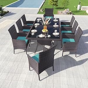 Kullavik 10 Piece Outdoor Dining Set Patio Rattan Furniture SetPatio Dining Table and Chairs Set with 8 Chairs and CushionsSquare Glass Tabletop with Umbrella Hole for PatioBackyardGardenBlue