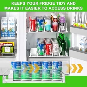Upgraded drink organizer for fridge space saving soda dispenser for refrigerator automatic pusher glide and adjustable width can organizer for refrigerator holds 25 cans 5 rows white  urban country home decor