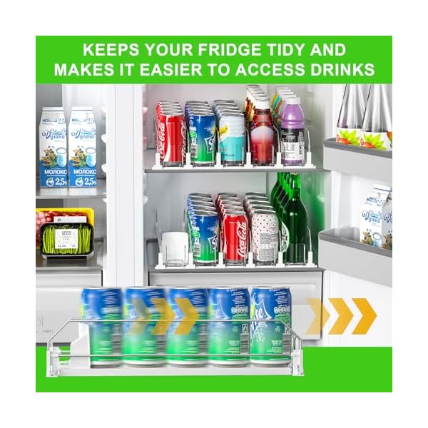 Upgraded drink organizer for fridge space saving soda dispenser for refrigerator automatic pusher glide and adjustable width can organizer for refrigerator holds 25 cans 5 rows white  urban country home decor