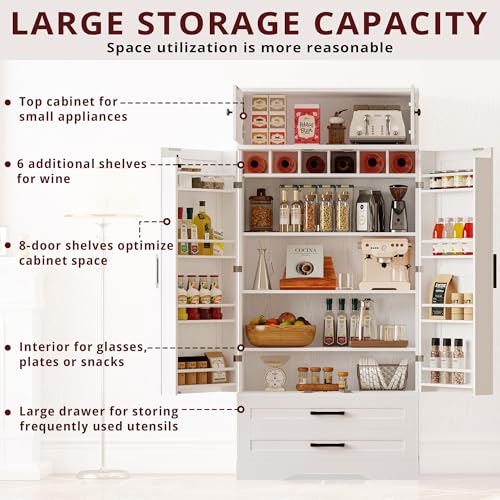 IRONCK-Kitchen-Pantry-72-Height-with-Eight-Hanging-Shelves-Two-Drawers-and-Open-Storage-Cabinet-Freestanding-Cupboard-for-Dining-Room-Living-RoomIndustrial-White IRONCK Kitchen Pantry 72 Height with Eight Hanging Shelves Two Drawers and Open Storage Cabinet Freestanding Cupboard for Dining Room Living RoomIndustrial White