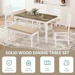 Dining table set of 6 with upholstered chairs bench 59 rectangular kitchen table set with old design farmhouse white dinner room set solid wood stable space saving 1 bench 4 chairs  urban country home decor