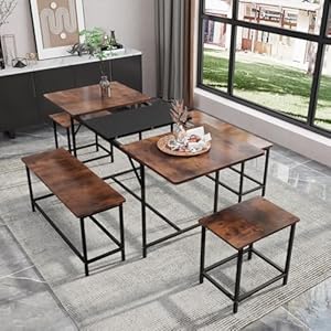 5 Piece Dining Table Set for 4-6, 63" Extendable Dining Room Table with 2 Benches & 2 Stools, Farmhouse Kitchen Table and Chairs with Metal Frame & MDF Board,Space-Saving, Rustic Brown 5 Piece Dining Table Set for 4 6 63 Extendable Dining Room Table with 2 Benches 2 Stools Farmhouse Kitchen Table and Chairs with Metal Frame MDF BoardSpace Saving Rustic Brown