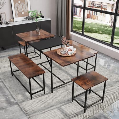 5-Piece-Dining-Table-Set-for-4-6-63-Extendable-Dining-Room-Table-with-2-Benches-2-Stools-Farmhouse-Kitchen-Table-and-Chairs-with-Metal-Frame-MDF-BoardSpace-Saving-Rustic-Brown 5 Piece Dining Table Set for 4 6 63 Extendable Dining Room Table with 2 Benches 2 Stools Farmhouse Kitchen Table and Chairs with Metal Frame MDF BoardSpace Saving Rustic Brown