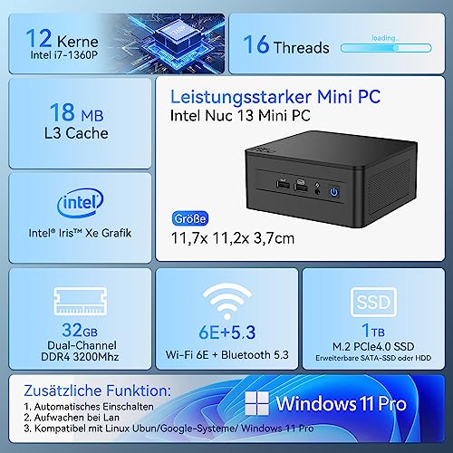 Intel NUC 13 Pro Mini PC Core i7-1360P|12 Kerne 16 Threads NUC13ANHi7 Mini Desktop Computer|32GB RAM 1TB SSD|Windows 11 Pro Desktop Computer|4K/8K UHD|HDMI|2xThunderbolt 4|WiFi 6E|BT5.3, Schwarz – Bild 3