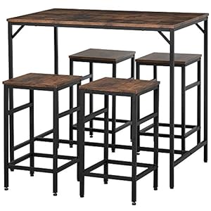 HOMCOM 5 Piece Industrial Dining Table Set Bar Table 4 Stools Set Space Saving for Pub Kitchen BlackBrown