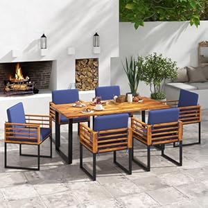 Tangkula 7 Piece Patio Dining Set Acacia Wood Dining Chair Table Set 69 Spacious Tabletop with Umbrella Hole Heavy Duty Metal Support Dining Set for Backyard Poolside