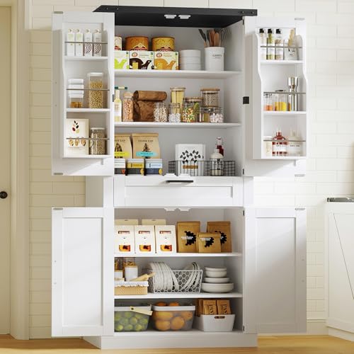 71-Tall-Kitchen-Pantry-Cabinet-Farmhouse-Storage-Cabinet-with-Barn-Doors-Pantry-Cabinet-6-Hanging-Shelves-1-Drawer-Adjustable-Shelves-Cupboard-for-Kitchen-Dinging-Room-White 71 Tall Kitchen Pantry Cabinet Farmhouse Storage Cabinet with Barn Doors Pantry Cabinet 6 Hanging Shelves 1 Drawer Adjustable Shelves Cupboard for Kitchen Dinging Room White