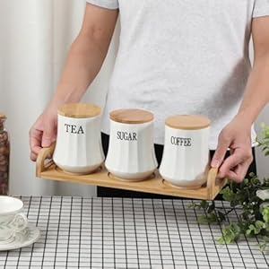 JUXYES Set of 3 Ceramic Canisters Set for Sugar Coffee Tea, Luxurious Storage Containers Sets with Serving Tray Decorative Storage Pots White Ceramic Storage Jar for Kitchen Counter Dining Room JUXYES Set of 3 Ceramic Canisters Set for Sugar Coffee Tea Luxurious Storage Containers Sets with Serving Tray Decorative Storage Pots White Ceramic Storage Jar for Kitchen Counter Dining Room