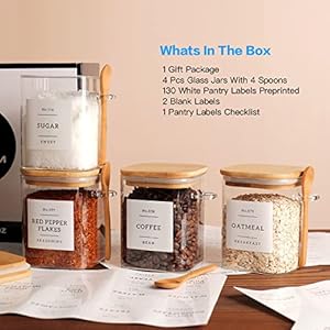 Set of 4 Square Glass Jar with Bamboo Lids and Spoons – Airtight 27 oz Borosilicate Glass Food Storage Contaienrs with 132 Kitchen Pantry Labels for Coffee, Tea, Sugar Set of 4 Square Glass Jar with Bamboo Lids and Spoons–Airtight 27 oz Borosilicate Glass Food Storage Contaienrs with 132 Kitchen Pantry Labels for Coffee Tea Sugar