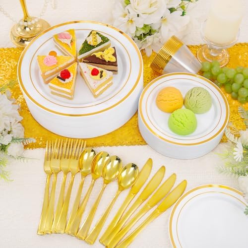 WELLIFE 100-Piece Gold Disposable Dinnerware Set for Parties