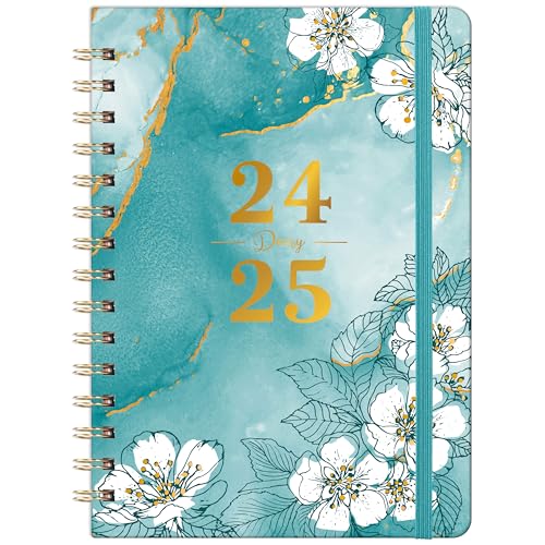 Agenda scolaire semainier 2024-2025 d'août 2024-2025 à juillet 2025 avec couverture élégante et reliure double spirale Marbre vert et fleur de cerisier 21,5 x 15,5 x 1,5 cm Format A5