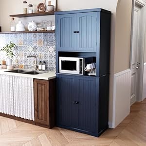 HLR 72 Kitchen Pantry Storage Cabinet Freestanding Larder Cupboard Kitchen Hutch Cabinet with Microwave StandUtility Pantry with Doors and Shelves for Dining Room Living Room