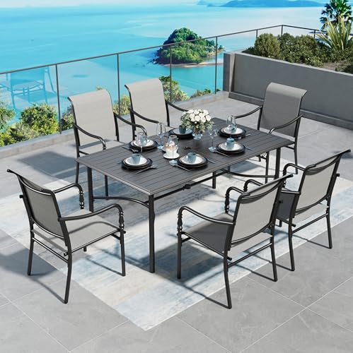 7 Pieces Patio Dining Sets6 Special Designed Armest All Weather Breathable Textilene ChairsRectangular Table with Umbrella HolePatio Table and Chairs Set Metal Frame Furniture