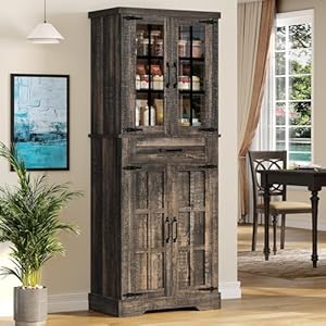 DWVO Kitchen Pantry Cabinets 71 Tall Farmhouse Kitchen Storage Cabinets with Galss Doors–Adjustable Shelves Rustic Woods American Heavy Kitchen Cabinet for Kitchen Dark Rustic Oak