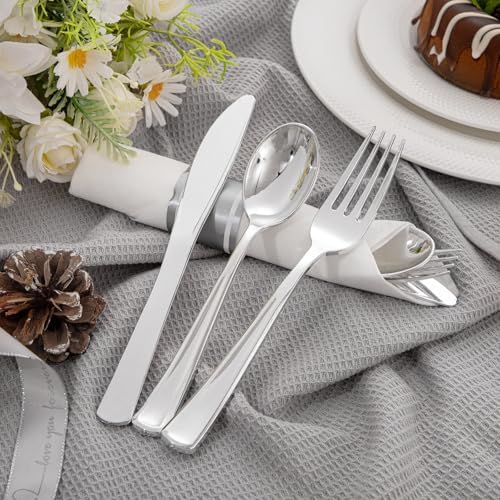 Liacere - 100-Piece Silver Plastic Silverware Set with Napkins