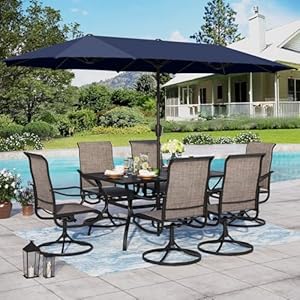 Sophia William Patio Set with Umbrella 8 Pieces Outdoor Dining Set for 6 with 13ft Double Sided Patio Umbrella Navy 6 x Swivel Patio Chairs 1 Metal Table for Lawn Garden
