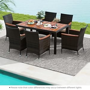 Tangkula 7 Pieces Outdoor Wicker Dining Set Patio Dining Furniture Set with Acacia Wood Table and 6 Stackable Chairs Outdoor Table and Chairs Set with 196 Umbrella Hole and Cushions