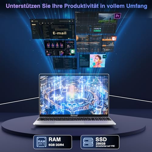 Laptop 15.6 Inch 6GB RAM 256GB SSD Erweiterung 1TB, Notebook Win 11 con 5G WiFi 3.0 Übertragung Anschluss BT 4.2 1920*1080 FHD, Laptops With Mini Multimedia Anschluss & Deutscher Keyboardfilm-Silver – Bild 4