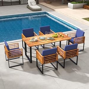 Tangkula 7 Piece Patio Dining Set Acacia Wood Dining Chair Table Set 69 Spacious Tabletop with Umbrella Hole Heavy Duty Metal Support Dining Set for Backyard Poolside