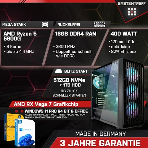 SYSTEMTREFF Basic Gaming Komplett PC Set AMD Ryzen 5 5600G 6x4.4GHz | AMD RX Vega 7 4K HDMI DX12 | 512GB M.2 NVMe + 1TB HDD | 16GB DDR4 RAM | WLAN Desktop Paket Computer für Gamer, Gaming – Bild 3