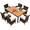 Shintenchi 7 Piece Patio Dining Set Wicker Patio Conversation Set with Wooden Table Top Outdoor Table and Chairs with Soft Cushions for Backyard Deck and Garden Brown Rattan