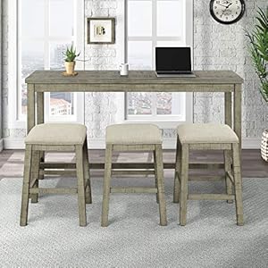 Merax 4 Piece Counter Height Bar Table Set with Socket and Fabric Padded Stools Rustic Bar Dining Set Gray Green