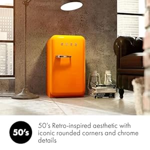 Smeg FAB5 16 50s Retro Style Series Compact Cooler with 15 cu ft Capacity Automatic Defrost LED Interior Lighting and Adjustable Shelves Right Hand Hinge Made in Italy Orange Made In Italy