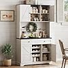 71 Kitchen Pantry Cabinet with 2 Drawers 3 Wine Racks Farmhouse Storage Cabinet with Adjustable Shelves Kitchen Hutch Cabinet with Microwave Stand for Dining Room Living Room Off White