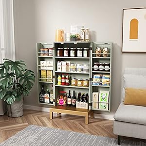 45 Kitchen Pantry CabinetStorage Cabinet with Doors and Adjustable ShelvesFood Pantry Cabinet for KitchenDining RoomLiving Room and GarageGold Lines and LegsGreen Cabinet