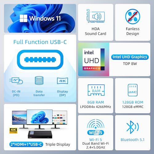 MeLE Leiserer lüfterloser Mini-PC 4C, Intel N100 der 12. Generation (bis zu 3,4 GHz), Mini-Desktop-Computer, 8 GB LPDRR4x RAM, 128 GB PCle3.0, Windows 11pro-Mikro-PC – Bild 3