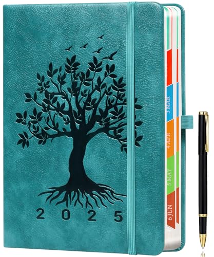2025 Diary A5 Day Per Page, Jan-Dec, Tree of Life Design, Full Year Daily Planner with Colorful Monthly Tabs, Pen Set & Fine Inner Pocket, 5.9" × 8.5"- Sea Green
