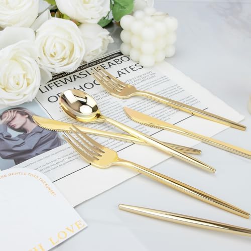 PULOTE 150PCS Golden Plastic Silverware Set - Durable Elegant Perfect for Parties