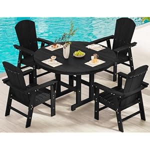 SERWALL 5 Piece Outdoor Patio Dining Set HDPE Dining Furniture Set with Umbrella Hole 4 Patio Adirondack Dining Chairs and 45 Round Dining Table Black