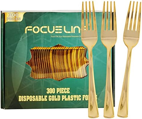 FOCUSLINE 300 Pack Gold Plastic Forks for Parties