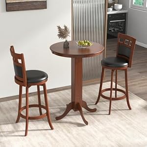 3piecebartableandchairssetroundcounterheighttable2upholsteredswivelbarstoolsrubberwoodframefarmhouserounddiningtablesetforkitchenlivingroombistropub Urban Country Home Decor 3 piece bar table and chairs set round counter height table 2 upholstered swivel bar stools rubber wood frame farmhouse round dining table set for kitchen living room bistro pub urban country home decor