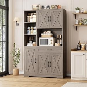   HOSTACK-71-Tall-Kitchen-Pantry-Storage-Cabinet-Farmhouse-Food-Pantry-Cabinet-with-Microwave-Stand-Barn-Doors-Kitchen-Hutch-Cabinet-with-Large-Drawer-and-Shelves-for-Dining-Room-Ash-Grey