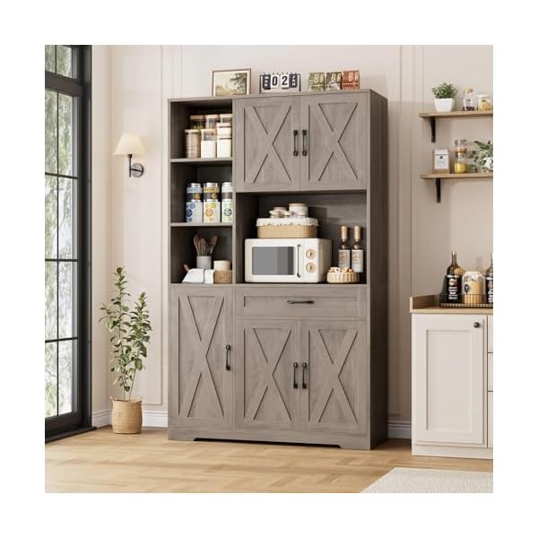   HOSTACK-71-Tall-Kitchen-Pantry-Storage-Cabinet-Farmhouse-Food-Pantry-Cabinet-with-Microwave-Stand-Barn-Doors-Kitchen-Hutch-Cabinet-with-Large-Drawer-and-Shelves-for-Dining-Room-Ash-Grey