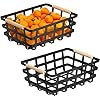 2 Pack X Large Wire Metal Baskets Thick functional Storage Organizer Farmhouse fruit Bin with Wood Handles for Pantry Cabinets Rustic Kitchen Counter Closet Under Sink Entryway Black Upgraded