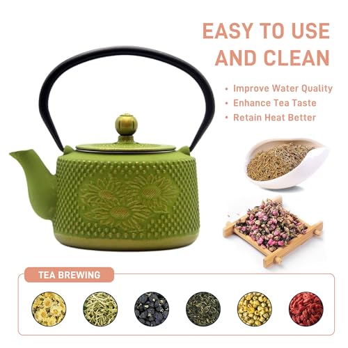 Cast-Iron-Teapot-with-Sunflower-PatternSECHUDO-Tea-Kettle-Coated-with-Enameled-Interior-for-Loose-TeaGreen-Cast-Iron-Teapot-with-Stainless-Steel-Infuser-for-Stovetop-Safe-287oz850ml Cast Iron Teapot with Sunflower PatternSECHUDO Tea Kettle Coated with Enameled Interior for Loose TeaGreen Cast Iron Teapot with Stainless Steel Infuser for Stovetop Safe 287oz850ml