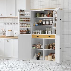 Merax Tall Kitchen Storage Cabinet Pantry Farmhouse Freestanding Large Cupboard with 2 Drawers,2 Adjustable Shelves,8 Shelf for Dining Room,White, 71.3"(w Door) Merax Tall Kitchen Storage Cabinet Pantry Farmhouse Freestanding Large Cupboard with 2 Drawers2 Adjustable Shelves8 Shelf for Dining RoomWhite 713w Door
