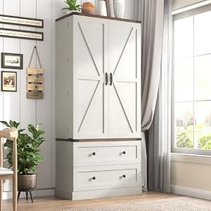 Farmhouse Kitchen Pantry Cabinet 71 Tall Storage Cabinet with 2 Barn Doors 2 Drawers Large Farmhouse Kitchen Cupboard with Adjustable Shelves Dining Room Living Room Antique White