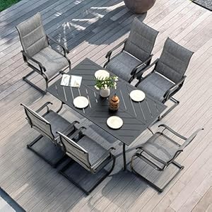   NUU-GARDEN-7-Piece-Outdoor-Dining-Set-6-All-Weather-Padded-Textilene-Patio-Chairs-and-61-Rectangular-Dining-Table-with-177-Umbrella-Hole-for-Garden-Patio-Light-Grey-and-Black